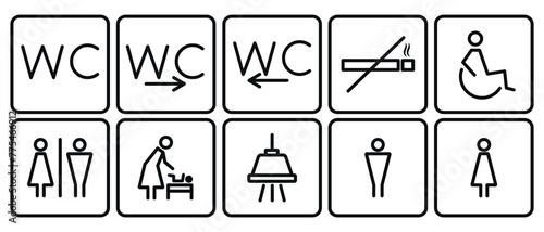 Vector set of restroom linear icons. WC, mother with baby, disabled, shower, no smoking sign. Vector illustration
