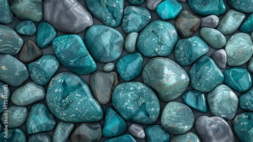 Beach pebbles. Blue, green and turquoise toned stones. Beautiful nature background image on black. Layer of pretty aesthetic rocks. Creativity with natural objects. Creative art design project idea photo
