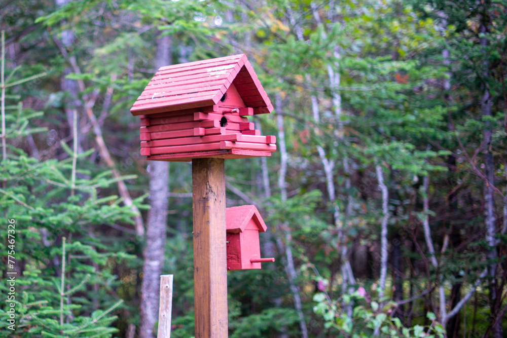 Two red wooden birdhouses on a brown wood post. The larger house has a perch peg, a small round opening and veranda in front. The smaller one has a perch stick. The background is a lush green forest. Two red wooden birdhouses on a brown wood post. The larger house has a perch peg, a small round opening and veranda in front. The smaller one has a perch stick. The background is a lush green forest.