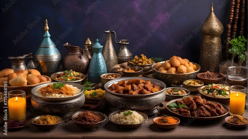 Table for Ramadan Kareem Iftar including a variety of festive traditional Arab meals.
