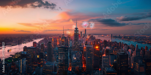 New York Manhattan panorama with America USA flag  vanilla sky lots of fireworks at sunset. 4 July Independence Day celebration