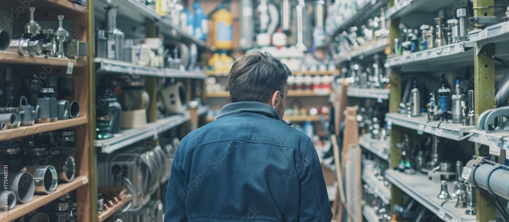Man in blue jacket looking at tools on shelf