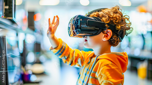 Child experiencing virtual reality with headset in a bright room, arms raised, engaged and curious about digital interactive technology.