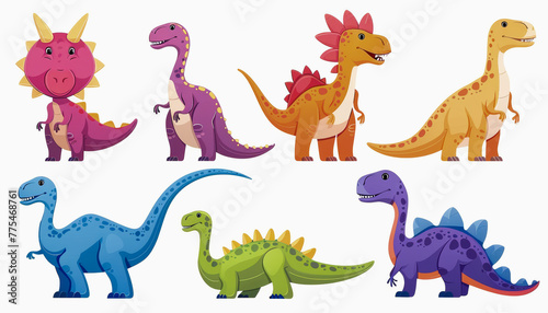Colorful cartoon illustrations of various friendly-looking dinosaurs  including a Triceratops and a Stegosaurus  on a white background.
