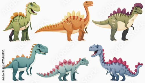 Illustration of six different cartoon dinosaurs  showcasing various species with colorful features.