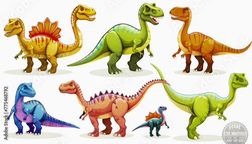 Cartoon illustrations of various colorful dinosaurs  including a Stegosaurus and a Tyrannosaurus Rex  depicted in a friendly and whimsical style.