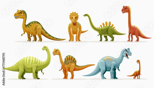 Colorful illustration featuring eight different cartoon dinosaurs  ranging from a tyrannosaur to a stegosaurus  depicted in side profiles.
