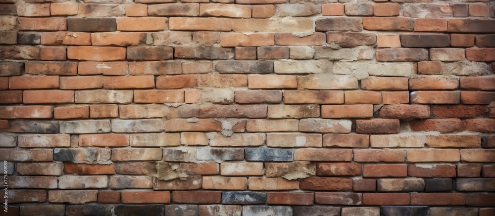 Detailed view of a weathered brick wall featuring a tiny window, adding character to the textured surface Detailed view of a weathered brick wall featuring a tiny window, adding character to the textured surface