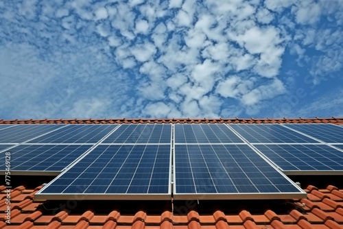 Roof-mounted solar panels with blue sky and clouds in the background