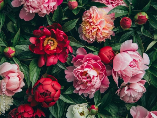 Gorgeous array of pink and red peonies in full bloom surrounded by lush green foliage
