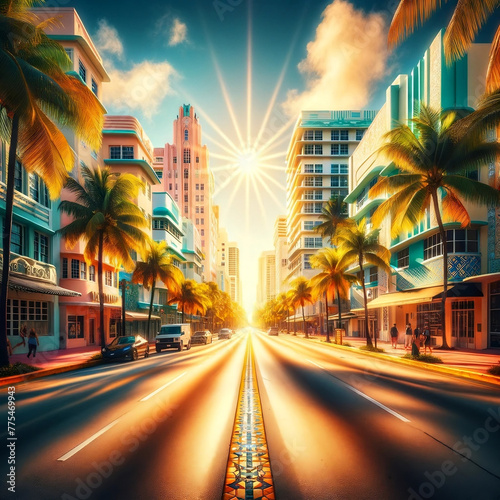 avenue de palmier au milieu de bâtiments colorés golden hour © Melissa