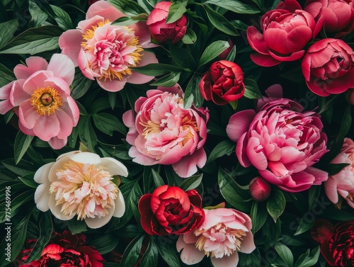 Beautiful display of numerous pink and red peonies in full bloom, floral paradise in vibrant hues