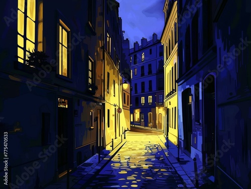 Realistic night paris street scene with dark blue and yellow lights shining through windows at night