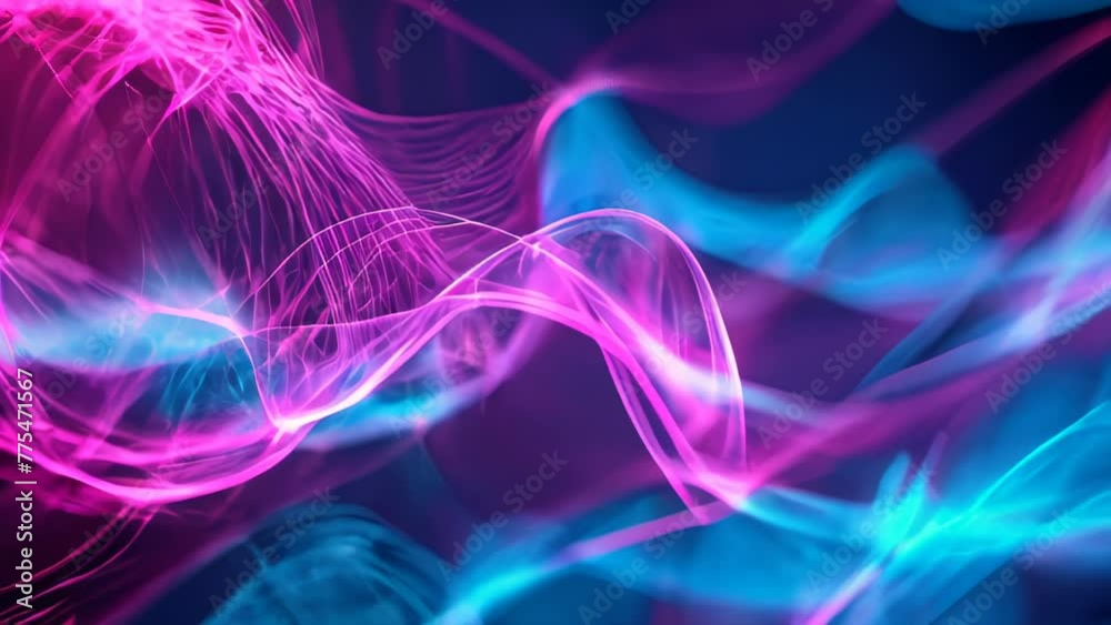 Vibrant neon colors of pink, blue, and turquoise light waves dynamically intertwine and flow, intersecting in a fluid motion. The abstract lines trace light paths, evoking a mysterious atmosphere. Vibrant neon colors of pink, blue, and turquoise light waves dynamically intertwine and flow, intersecting in a fluid motion. The abstract lines trace light paths, evoking a mysterious atmosphere.