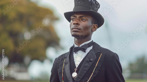 A dapper black man dons a threepiece suit complete with a top hat and pocket watch. The suit is tailored to perfection accentuating his broad shoulders and impeccable posture. However . photo