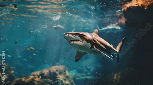 Ocean shark bottom view from below. Underwater blue sea clear water. AI Generated  © EarthWalker