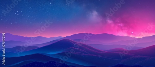 Mountain landscape with pink sky and stars