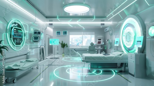Futuristic hospital room with digital interface and modern medical technology concept