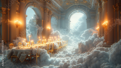 Amidst the clouds in a heavenly realm, a divine banquet takes shape, with tables draped in celestial fabrics and adorned with golden candlesticks-3