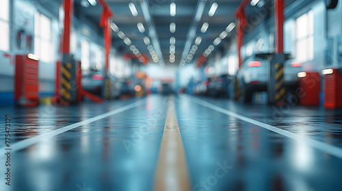 Car service station interior Blurred view of a modern automobile repair shop with cars on a wet floor