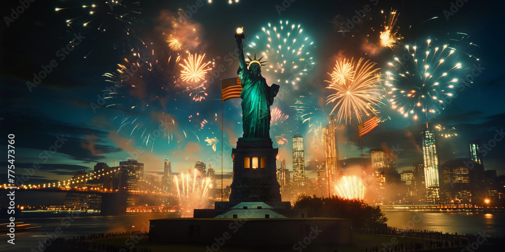 Fototapeta premium New York Manhattan panorama with Liberty Statue and America USA flag, vanilla sky lots of fireworks at sunset. 4 July Independence Day celebration