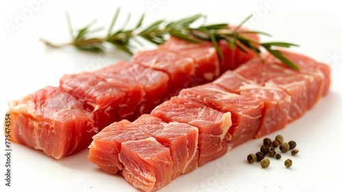 Raw sliced port meat being prepared on a plain white background. 