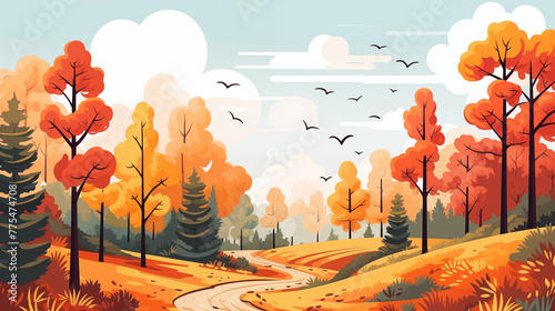 Beautiful autumn forest landscape. Stunning landscape of mixed forest in autumn season. Vector illustration