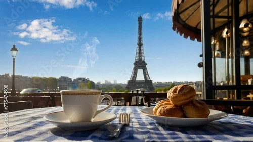 Enjoy coffee while relaxing iat winter in the Eiffel, seamless looping animation video background  photo