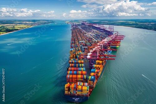 Aerial view of colorful containers on cargo ships at port of Southampton photo