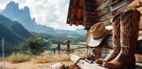 Western Style Cowboy Boots and Hat on a Log Cabin Porch