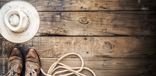 Top View of Cowboy Hat and Boots on a Background of Wooden Planks