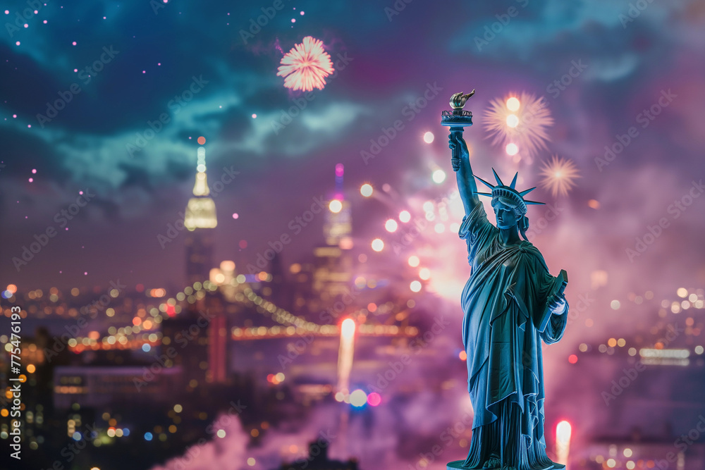 Fototapeta premium New York Manhattan panorama with Liberty Statue and America USA flag, vanilla sky lots of fireworks at sunset. 4 July Independence Day celebration