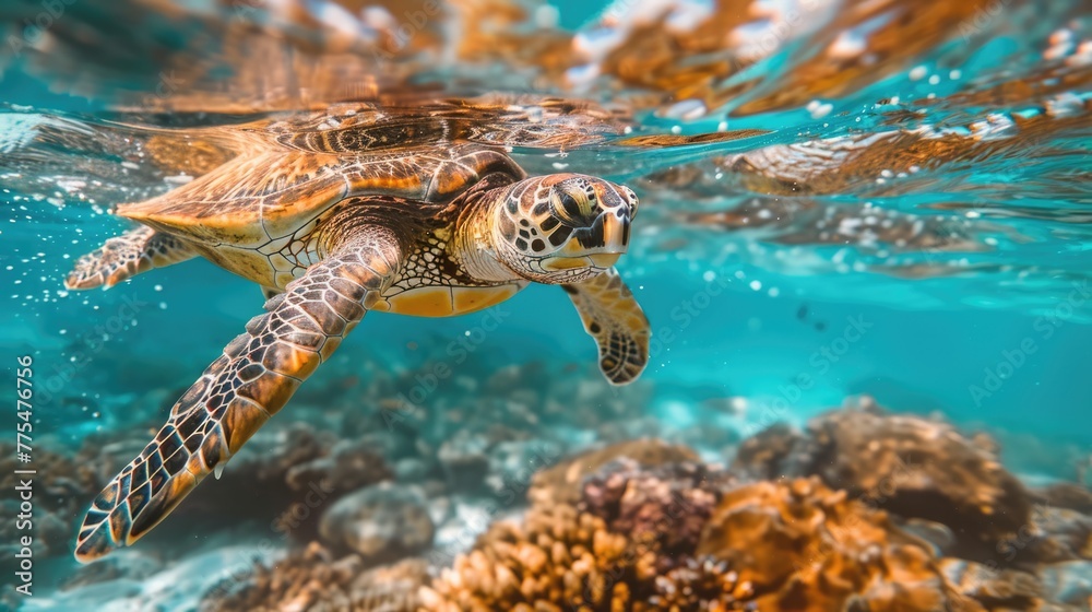Fototapeta premium Turtle swimming in the beautiful underwater sea world. AI Generated 
