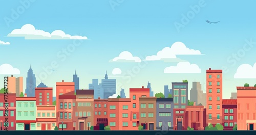 cartoonish city backroung flat colors, minimal, for animation, lateral low view photo