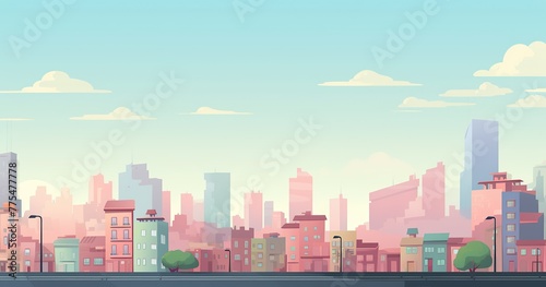 cartoonish city backroung flat colors, minimal, for animation, lateral low view photo