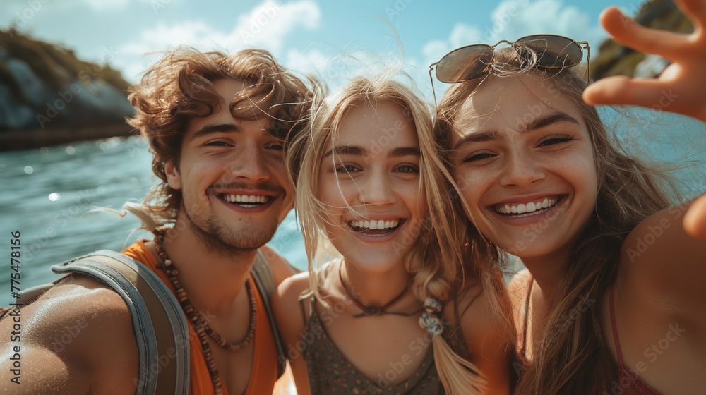 Group of Happy Friends Taking a Selfie on a Sunny Beach Day