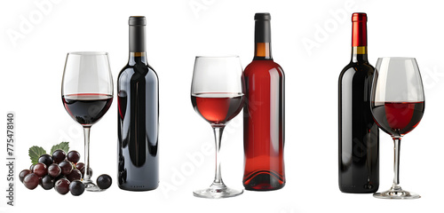 wine and wine glasses isolated on a transparent PNG background, white background , Generative Ai