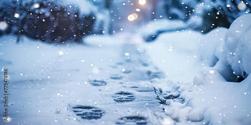 Snow-covered city sidewalk, close-up on the footprints and snowflakes, chilly winter day, serene and quiet © Thanthara
