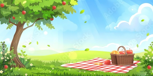 Picnic blanket with basket  park setting  sunny day for summer banner