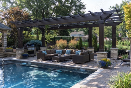 Luxurious backyard with pool and lounge area under pergola. © InfiniteStudio