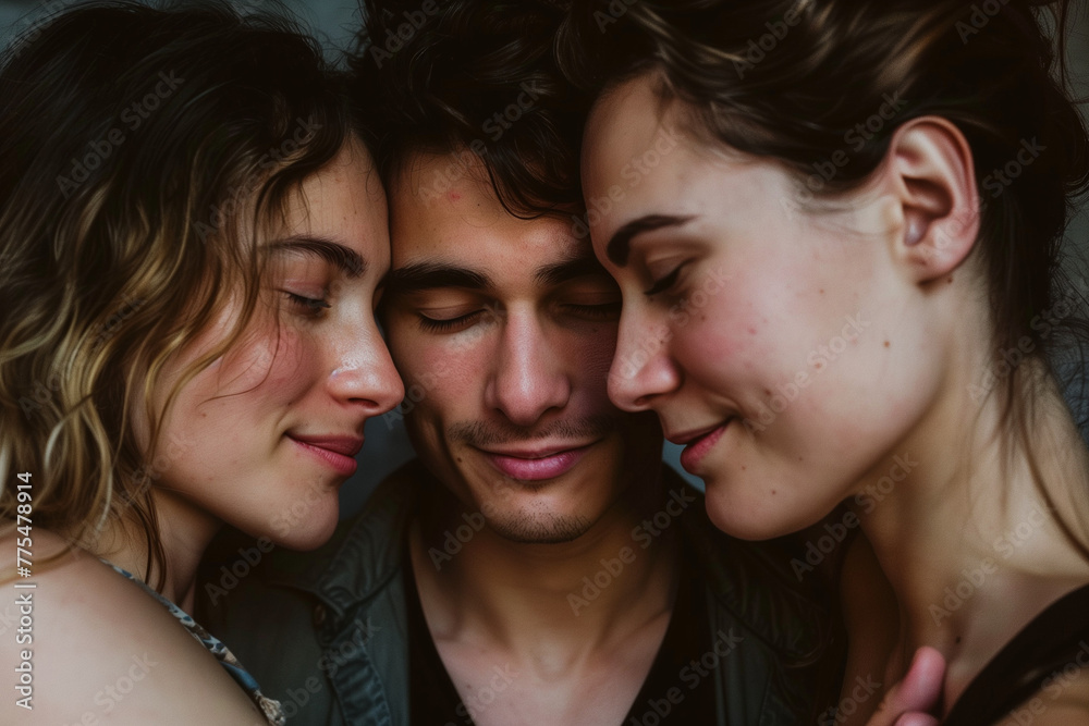 Polyamorous relationship between two women and one man, illustrating love and pride in a bisexual and lesbian inclusive threesome