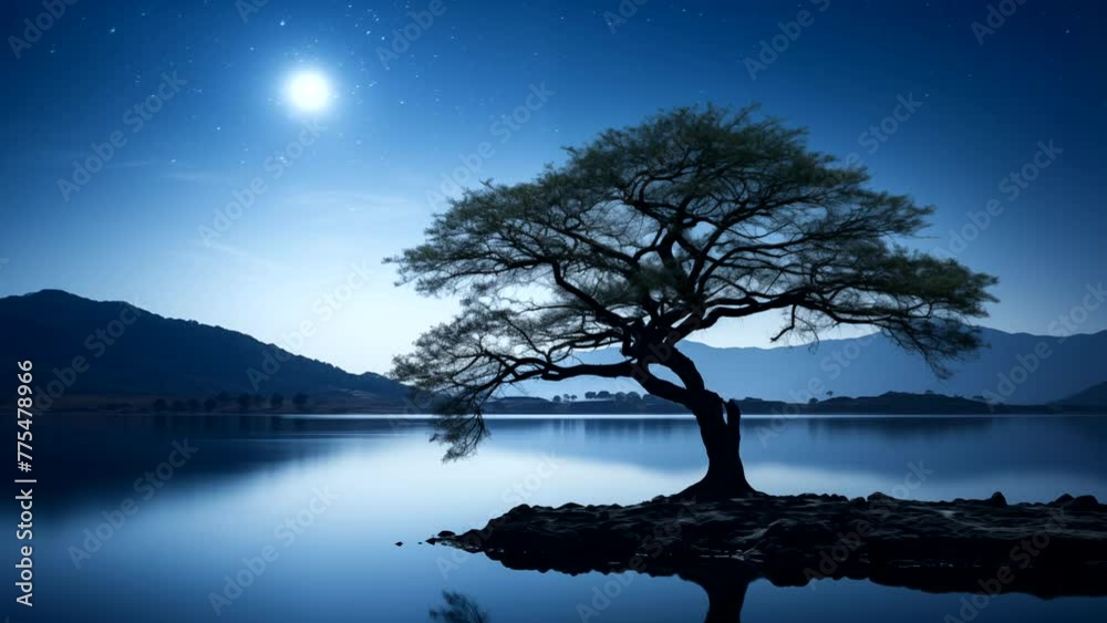 Tranquil lake with shooting stars in the bright night sky. seamless looping 4k time-lapse animation video background Tranquil lake with shooting stars in the bright night sky. seamless looping 4k time-lapse animation video background