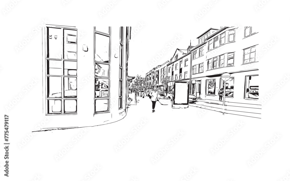Print Building view with landmark of Reykjavík is the 
capital in Iceland. Hand drawn sketch illustration in vector.