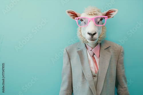 cute Eid al-Adha wallpaper, bakra eid mubarak, concept, cute sheep in coat pent and glasses with copy space photo
