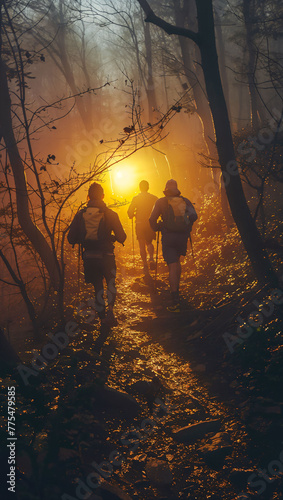 Trail runners navigating a path that forms and disappears in a mystical forest © akarawit