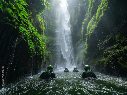 A mystical waterfall flowing upwards, with adventurers swimming along its path