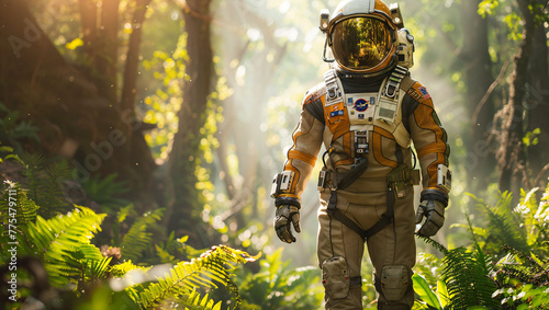 An astronaut exploring a lush, alien forest, merging sci-fi with outdoor adventure photo