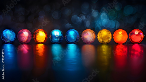 A row of colorful glass balls on a dark surface. The balls are of different colors and sizes  creating a visually appealing and vibrant display. Concept of joy and celebration