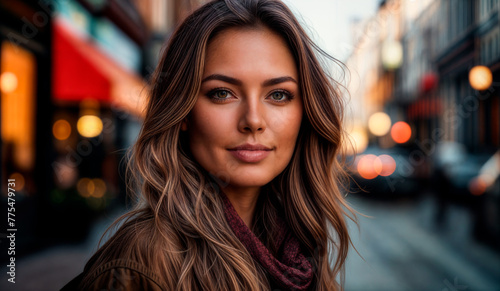 A beautiful woman with long, wavy hair and a warm smile stands on a city street.