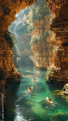 A surreal scene of a river flowing upside down, with adventurers kayaking beneath